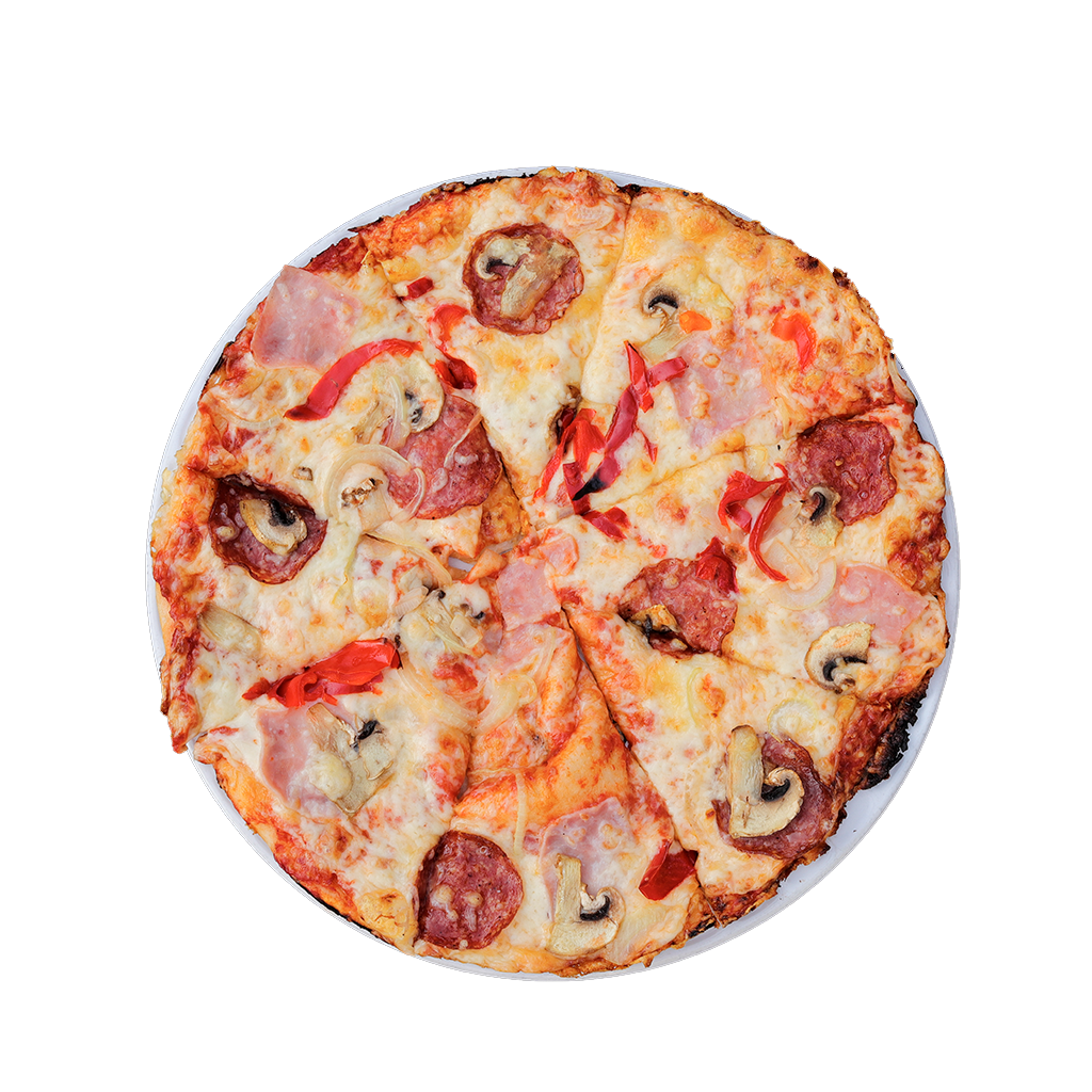 PIZZA 01 SIDONIO - Pizza SIDONIO — tomato, sýr, česnek, šunka, salám a paprika. Šťavnatá, čerstvá, přímo k vám domů. Objednej online!