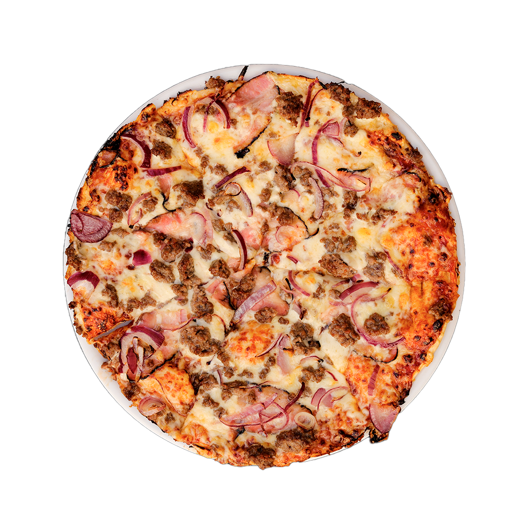 PIZZA 05 MAD BULL BBQ - Pizza MAD BULL BBQ — BBQ omáčka, sýr, hovězí mleté maso a slanina. Šťavnatá, čerstvá, přímo k vám domů. Objednej online!