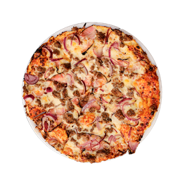 PIZZA 05 MAD BULL BBQ - Pizza MAD BULL BBQ — BBQ omáčka, sýr, hovězí mleté maso a slanina. Šťavnatá, čerstvá, přímo k vám domů. Objednej online!