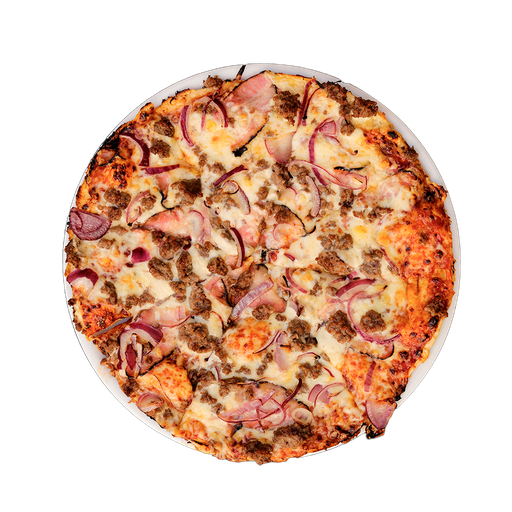 PIZZA 05 MAD BULL BBQ - Pizza MAD BULL BBQ — BBQ omáčka, sýr, hovězí mleté maso a slanina. Šťavnatá, čerstvá, přímo k vám domů. Objednej online!
