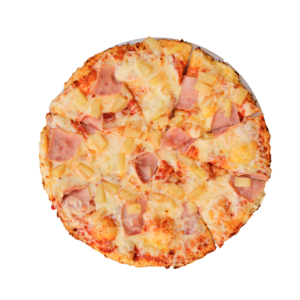 PIZZA 07 HAWAII - Pizza HAWAII — tomato, sýr, šunka a ananas. Šťavnatá, čerstvá, přímo k vám domů. Objednej online!