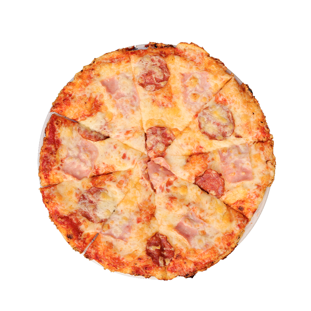 PIZZA 10 ŠUNKA + SALÁM - Pizza ŠUNKA + SALÁM — tomato, sýr, šunka a salám. Šťavnatá, čerstvá, přímo k vám domů. Objednej online!