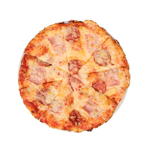 PIZZA 10 ŠUNKA + SALÁM - Pizza ŠUNKA + SALÁM — tomato, sýr, šunka a salám. Šťavnatá, čerstvá, přímo k vám domů. Objednej online!