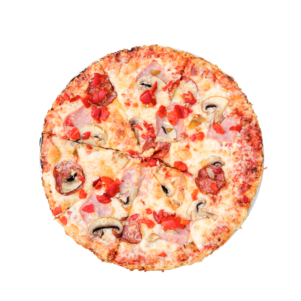 PIZZA 11 DIAVOLO - Pizza DIAVOLO — tomato, sýr, šunka, salám, žampiony a feferony. Šťavnatá, čerstvá, přímo k vám domů. Objednej online!