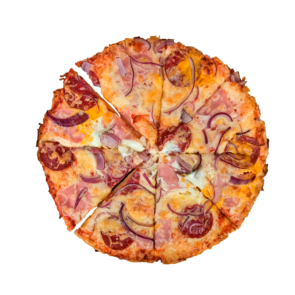 PIZZA 13 SANTA LUCIA - Pizza SANTA LUCIA — tomato, sýr, šunka, salám, vejce a cibule. Šťavnatá, čerstvá, přímo k vám domů. Objednej online!