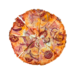 PIZZA 13 SANTA LUCIA - Pizza SANTA LUCIA — tomato, sýr, šunka, salám, vejce a cibule. Šťavnatá, čerstvá, přímo k vám domů. Objednej online!