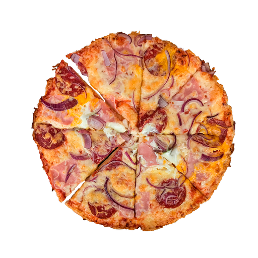 PIZZA 13 SANTA LUCIA - Pizza SANTA LUCIA — tomato, sýr, šunka, salám, vejce a cibule. Šťavnatá, čerstvá, přímo k vám domů. Objednej online!