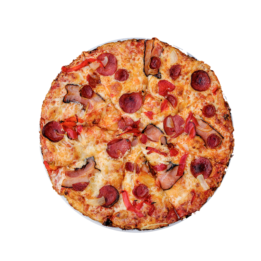 PIZZA 16 RAGUSA - Pizza RAGUSA — tomato, sýr, česnek, paprikový salám a slanina. Šťavnatá, čerstvá, přímo k vám domů. Objednej online!