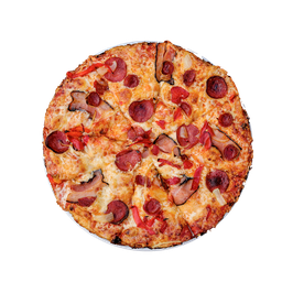 PIZZA 16 RAGUSA - Pizza RAGUSA — tomato, sýr, česnek, paprikový salám a slanina. Šťavnatá, čerstvá, přímo k vám domů. Objednej online!