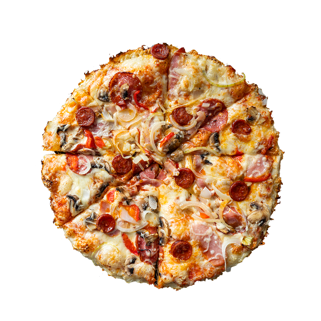 PIZZA 19 SEVERINO - Pizza SEVERINO — tomato, sýr, salám, slanina, klobása a paprika. Šťavnatá, čerstvá, přímo k vám domů. Objednej online!