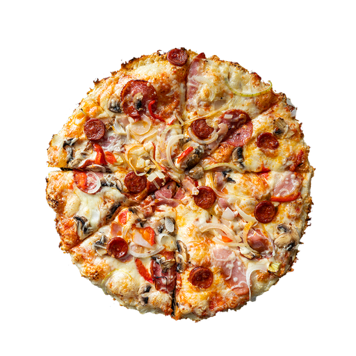PIZZA 19 SEVERINO - Pizza SEVERINO — tomato, sýr, salám, slanina, klobása a paprika. Šťavnatá, čerstvá, přímo k vám domů. Objednej online!