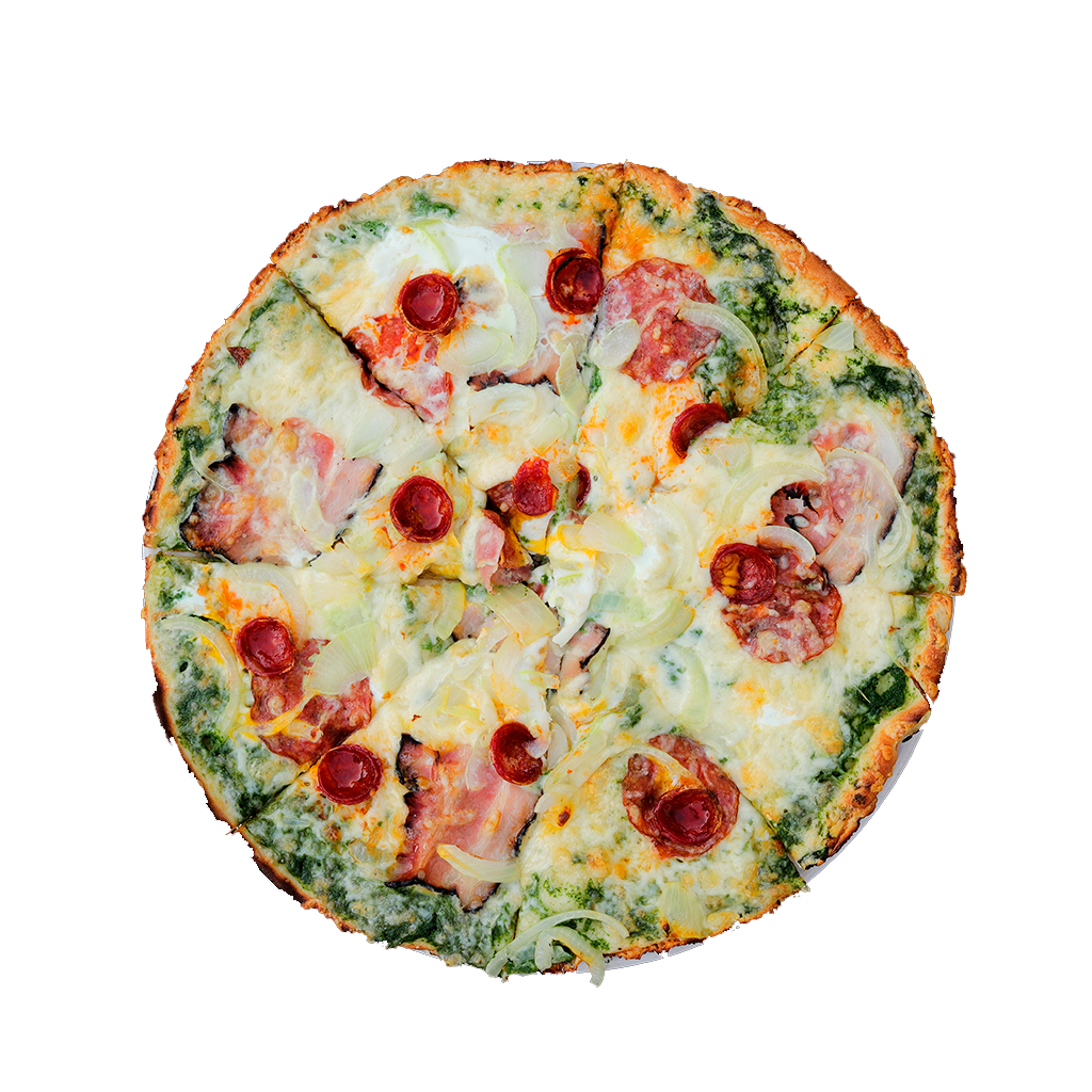 PIZZA 22 MORENO - Pizza MORENO — Špenátový základ, sýr, salám, slanina a klobása. Šťavnatá, čerstvá, přímo k vám domů. Objednej online!