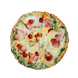 PIZZA 22 MORENO - Pizza MORENO — Špenátový základ, sýr, salám, slanina a klobása. Šťavnatá, čerstvá, přímo k vám domů. Objednej online!