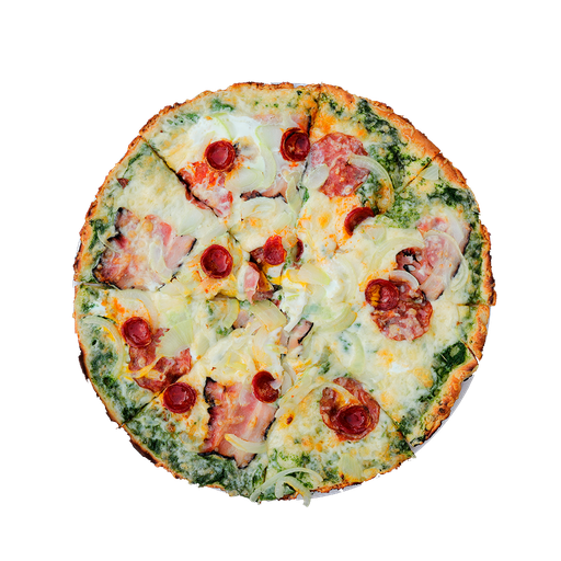 PIZZA 22 MORENO - Pizza MORENO — Špenátový základ, sýr, salám, slanina a klobása. Šťavnatá, čerstvá, přímo k vám domů. Objednej online!