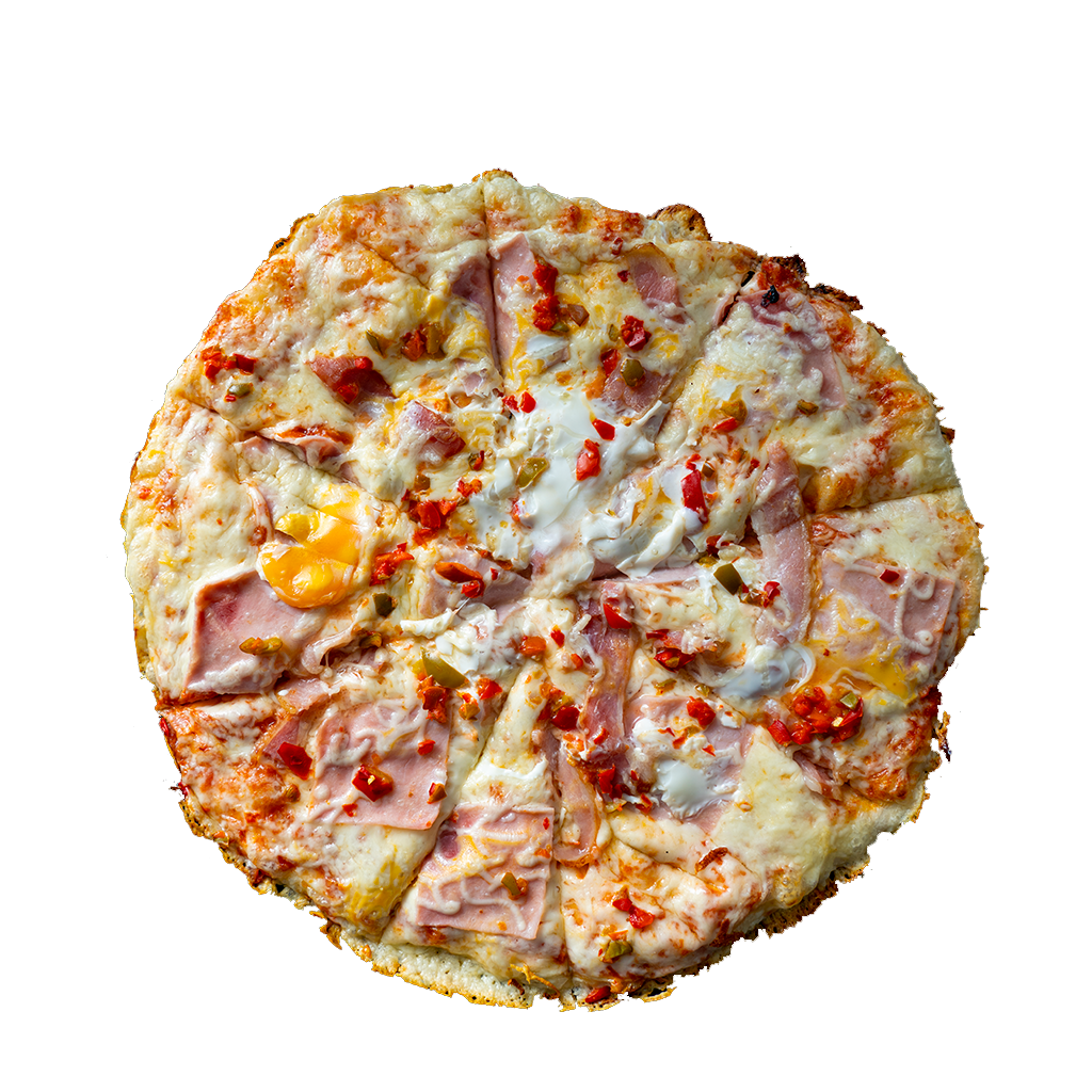 PIZZA 43 PIANA - Pizza PIANA — tomato, sýr, slanina, feferonky, šunka a vejce. Šťavnatá, čerstvá, přímo k vám domů. Objednej online!
