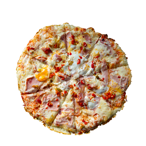 PIZZA 43 PIANA - Pizza PIANA — tomato, sýr, slanina, feferonky, šunka a vejce. Šťavnatá, čerstvá, přímo k vám domů. Objednej online!