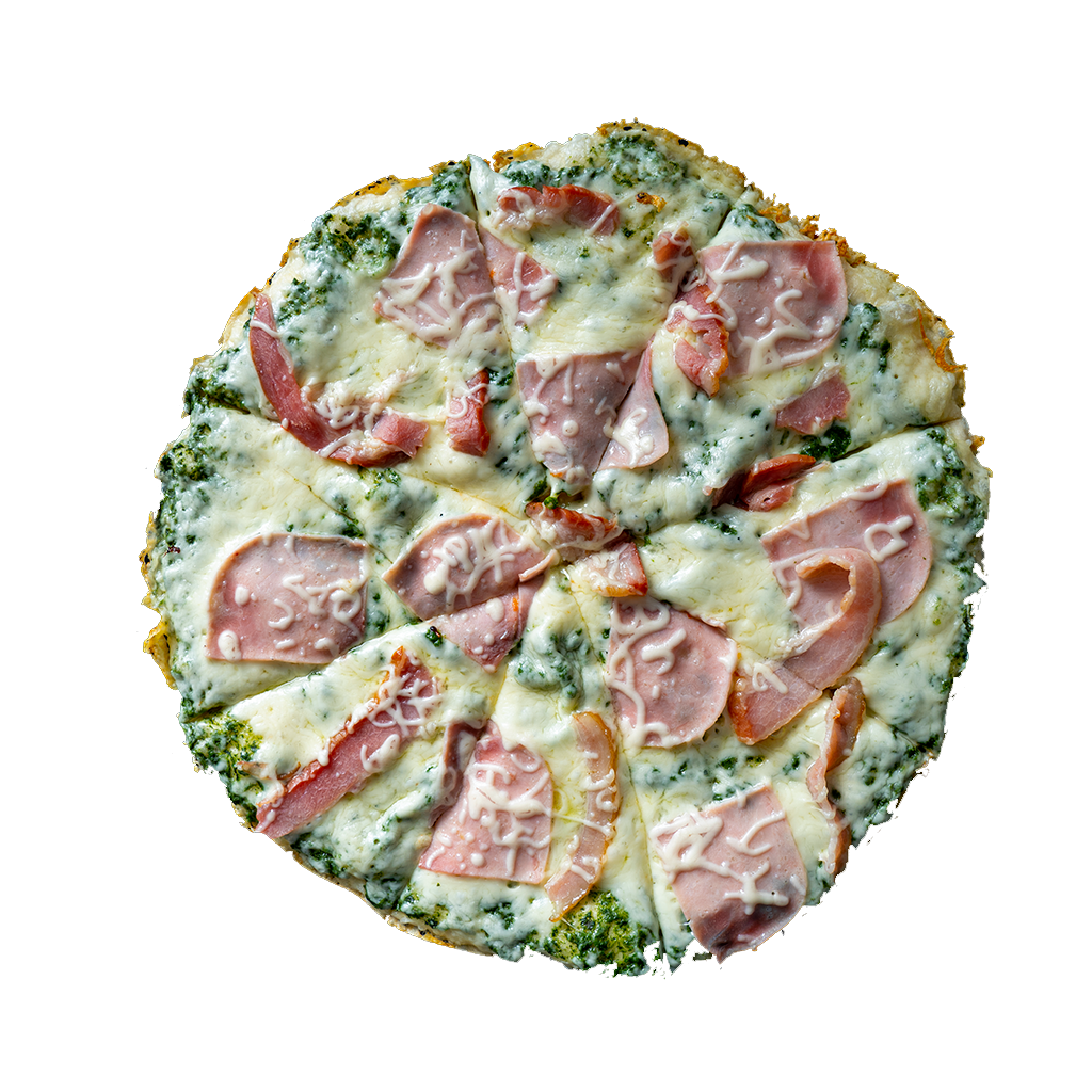 PIZZA 45 SALERMO - Pizza SALERMO — Špenátový základ, sýr, šunka a slanina. Šťavnatá, čerstvá, přímo k vám domů. Objednej online!