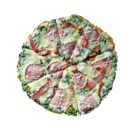 PIZZA 45 SALERMO - Pizza SALERMO — Špenátový základ, sýr, šunka a slanina. Šťavnatá, čerstvá, přímo k vám domů. Objednej online!