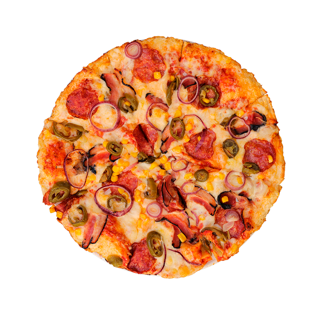 PIZZA 66 JALAPA - Pizza JALAPA — tomato, sýr, slanina, kukuřice, salám a cibule. Šťavnatá, čerstvá, přímo k vám domů. Objednej online!