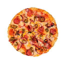 PIZZA 66 JALAPA - Pizza JALAPA — tomato, sýr, slanina, kukuřice, salám a cibule. Šťavnatá, čerstvá, přímo k vám domů. Objednej online!