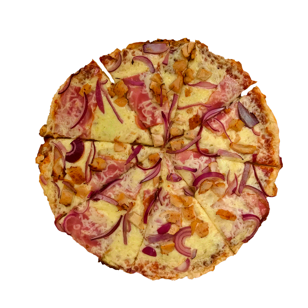 PIZZA 72 MAD CHICKEN - Pizza MAD CHICKEN — BBQ omáčka, sýr, kuřecí maso a slanina. Šťavnatá, čerstvá, přímo k vám domů. Objednej online!