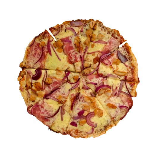 PIZZA 72 MAD CHICKEN - Pizza MAD CHICKEN — BBQ omáčka, sýr, kuřecí maso a slanina. Šťavnatá, čerstvá, přímo k vám domů. Objednej online!