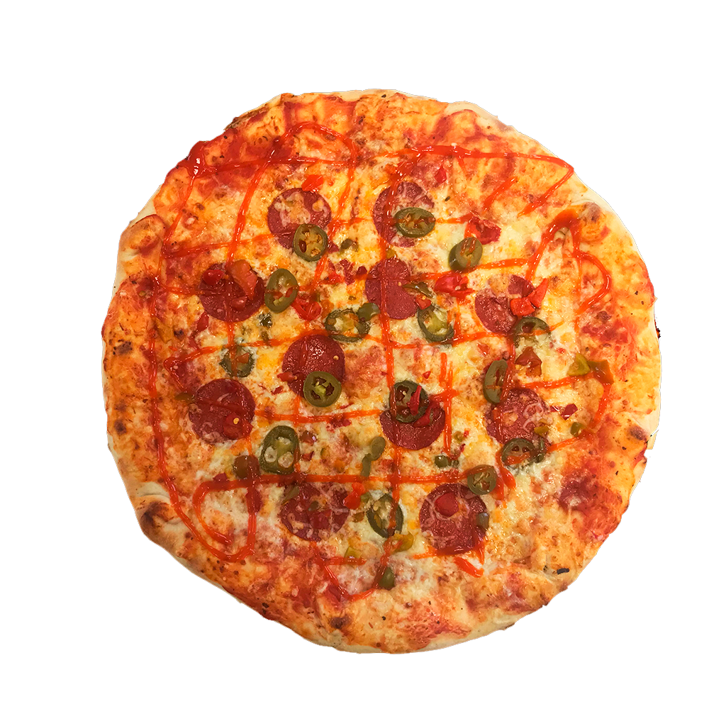 PIZZA S PLNĚNÝM OKRAJEM 69 INFERNALE - Pizza INFERNALE — tomato, sýr, paprikový salám a jalapeňo. Šťavnatá, čerstvá, přímo k vám domů. Objednej online!