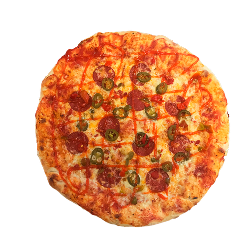 PIZZA S PLNĚNÝM OKRAJEM 69 INFERNALE - Pizza INFERNALE — tomato, sýr, paprikový salám a jalapeňo. Šťavnatá, čerstvá, přímo k vám domů. Objednej online!